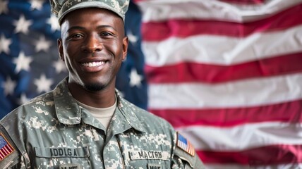 Fototapeta premium Smiling African American soldier in uniform with blurred US flag background, ideal for patriotic themes.