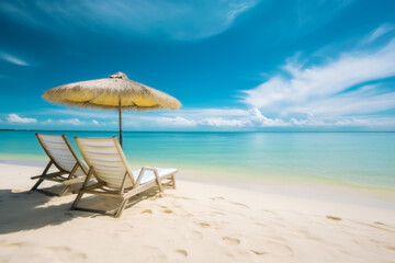 Fototapeta premium TWO DECK CHAIRS, UNDER AN UMBRELLA AT THE EDGE OF THE BEACH.