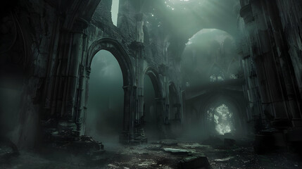 Generative AI, gothic ruined black interior and landscape in the style of gloomy fantasy...