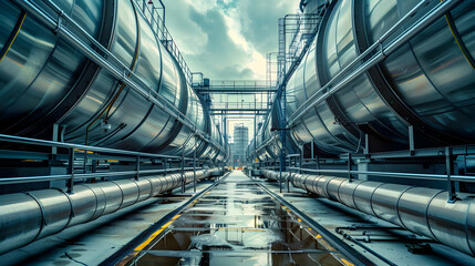Generative AI, Hydrogen power plant, large steel tanks and pipes. Green renewable energy...