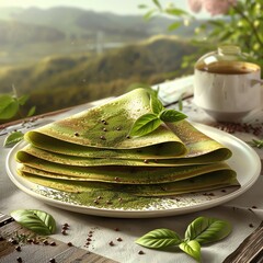 matcha crepes with fresh basil leaves and a cup of tea in the background