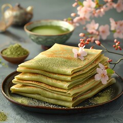 A stack of matcha green tea pancakes with pink flowers on top.