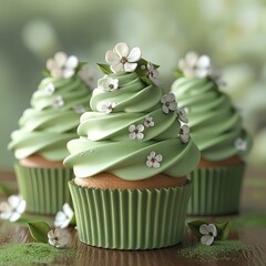 green cupcake with white frosting and white flower decorations. 