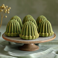 6 matcha cakes on a cake stand. The cakes are shaped like cactus plants.