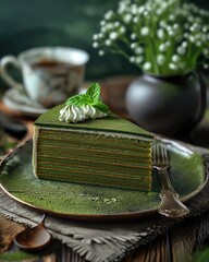 matcha cake on a plate. 
