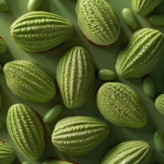 Photo of green almond shaped cookies on a green background.
