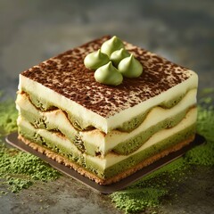 A beautiful matcha tiramisu cake with layers of green tea sponge cake,Mo Cha Xian , and mascarpone cream