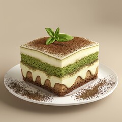 A beautiful and delicious looking matcha cake made with layers of sponge cake, green tea mousse, and a chocolate base