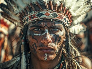Obraz premium Closeup Portrait of Tribal Man with Face Paint and Feather Headgear
