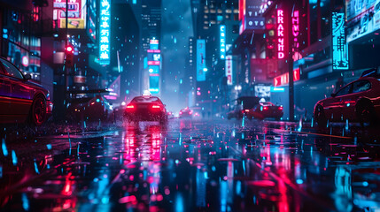 Generative AI, Night scene of after rain city in cyberpunk style, futuristic nostalgic 80s, 90s....