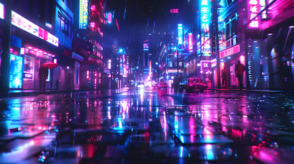 Generative AI, Night scene of after rain city in cyberpunk style, futuristic nostalgic 80s, 90s....