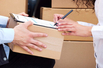 Sign, woman or hands of delivery man with van, invoice or package in transportation shipping...