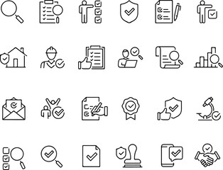 Pixel perfect icon set of inspection, examination, testing, quality control, check, inspect. Thin line icons flat vector illustrations isolated on white transparent background
