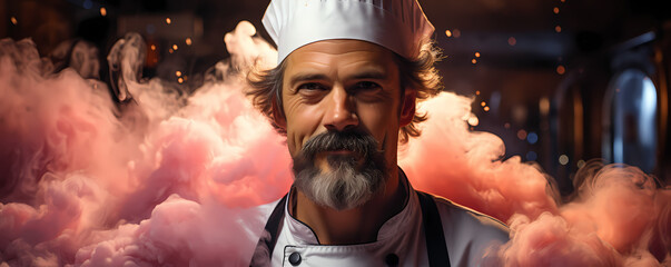 An intense chef in uniform posing amidst dramatic smoke in a dark kitchen