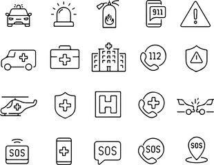 Pixel perfect icon set of emergency ,evacuation, SOS, call, ambulance, help, hotline, exit. Thin line icons flat vector illustrations isolated on white transparent background
