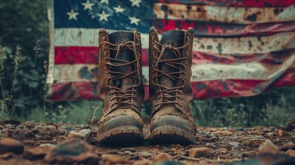 Memorial Day Tribute: Old Army Combat Boots Against American Flag, Honoring Fallen Soldiers Worldwide