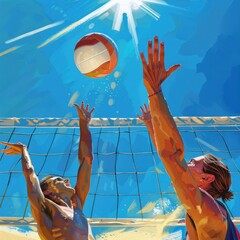 Close-up view of a beach volleyball player's hand hitting the ball over the net in beach volleyball, with bright sunlight in the background. Focus on the game action