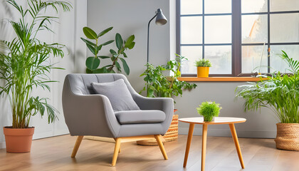 Stylish living room interior. Cozy corner of room for relaxation with gray armchair, wooden coffee table and lush indoor plants to purify the air