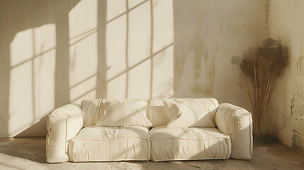 Generative AI, White cozy soft sofa. Interior design of living room, warm minimalism, wabi sabi style PHOTOGRAPHY
