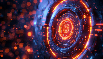 A shield with glowing symbols floating in space, symbolizing the protective nature of AI medical protection and safety. The background is dark blue with splashes of orange all around.