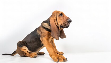 Bloodhound dog - Canis lupus familiaris - is a large scent hound, originally bred for hunting deer, wild boar, rabbits, and since the Middle Ages, for tracking people isolated on white background