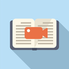Illustrative vector concept of flat design video tutorial icon for online learning, eeducation, and digital media with a camera, open book, and webinar instructional distance