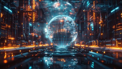 A holographic globe floating in the center of an industrial-style room