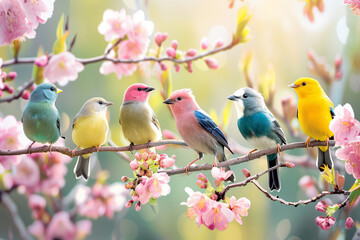 Colorful birds sitting on spring tree branch with pink flowers.