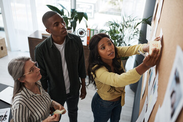 People, diversity and brainstorming ideas in office for workshop, teamwork and collaboration. Event managers, board and meeting in workplace for planning, project management and goals with agenda