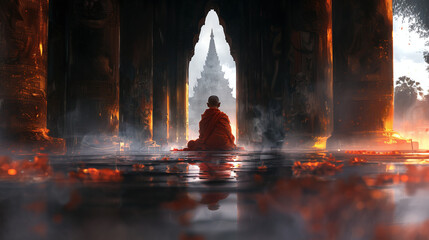 rear view of tibetan monk meditating in the hallway of a temple