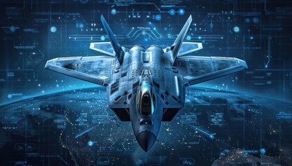 Naklejka premium A F20 fighter jet is depicted in the center of an air battle map with data and holographic images against a blue background