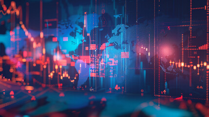A global stock market concept with a world map in the background and digital financial graphs and charts overlaying it. The image includes various currency symbols, stock market indices, and abstract 
