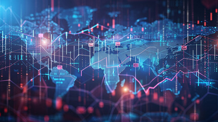 A global stock market concept with a world map in the background and digital financial graphs and charts overlaying it. The image includes various currency symbols, stock market indices, and abstract 