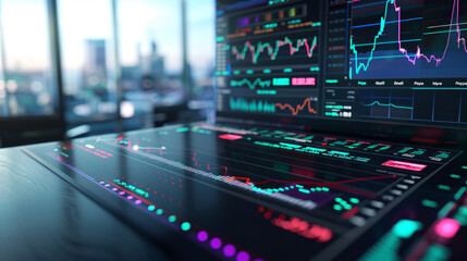 A sleek, modern stock trading interface with vibrant graphs and charts on a computer screen. The background features a blurred office setting with natural light coming through large windows. The inter