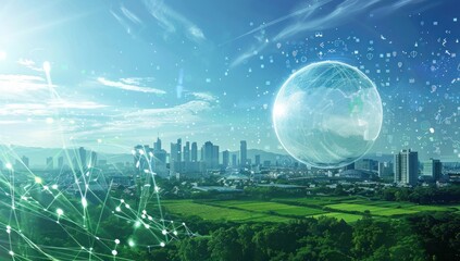 A futuristic cityscape at night, with glowing data connections connecting buildings and streets