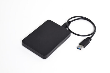 External Hard Disk drive with usb cable isolated on white background. External HDD with usb connector