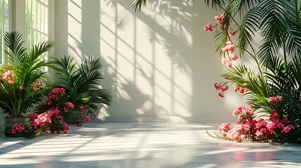 Serene Indoor Oasis, Sunlit White Space with Lush Greenery and Vivid Pink Blooms