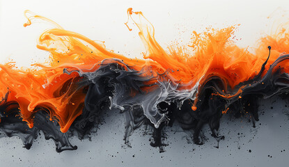 Abstract fluid art, ink splash in orange and black colors, white background