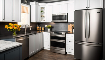 Fototapeta premium Beautiful contemporary kitchen with white cabinetry and stainless steel appliances