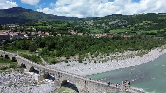 Aerial view of Bobbio village and its ancient bridge