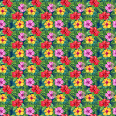 Tropical flowers seamless pattern. Exotic flowers and palm leaves. Plumeria and Hibiscus flowers. Colorful tropical flowers. Summer vacation vibe. Tropical Background. Hawaiian Tropical Plants