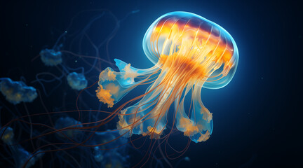 A smack, bloom, or fluther of blue and yellow luminescent jellyfish floating deep in the ocean