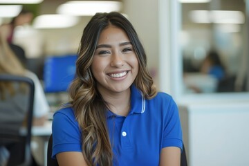 A young mexican community manager wearing a blue polo shirt in a white office, laugh