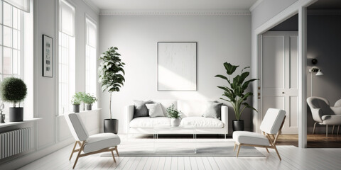 Fototapeta premium Beautiful living room with sleek white furniture