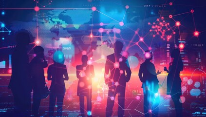 A group of business people in silhouette against an abstract digital background