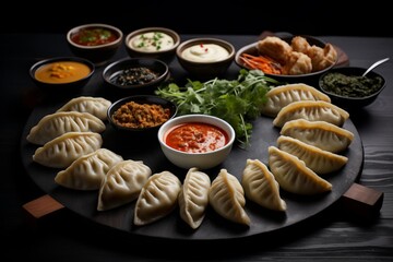A tray of dumplings with various sauces and condiments