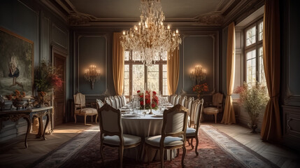 Classically-styled formal dining room with a large chandelier