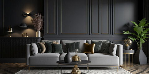 Modern art deco interior design of apartment, living room with gray sofa