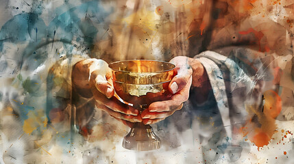 Hands blessing the Sacred Host with Chalice. Digital watercolor painting. PHOTOGRAPHY
