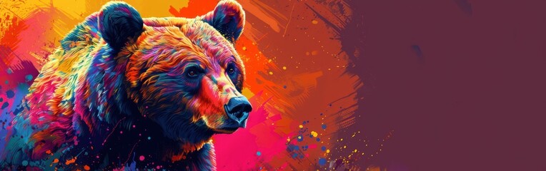 Colorful Pop Art Bear Illustration on Abstract Animal Background Square Painting